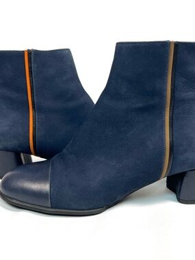 Camper Twins Ankle Boots Navy Leather Orange Stripe Block Heel EU 38 US 7.5